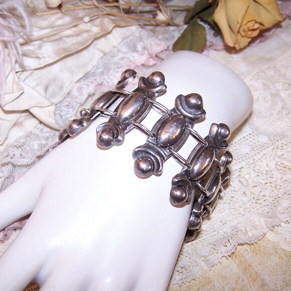 Made in Mexico Mexican Sterling Silver 1.5" Wide Link Bracelet - 7-3/4" Wearable - Picture 3 of 9